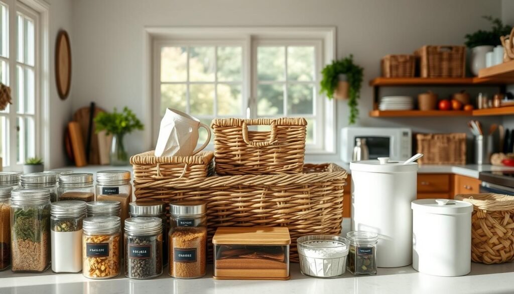 Kitchen organization with bins and baskets